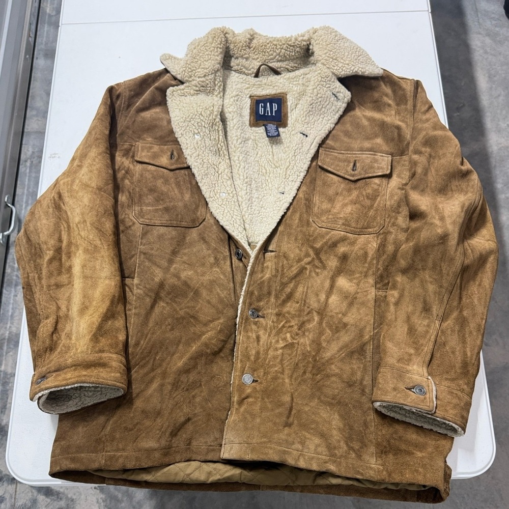 Gap Suede Sherpa Lined Ranch Jacket Mens Large Brown Excellent Western Trucker